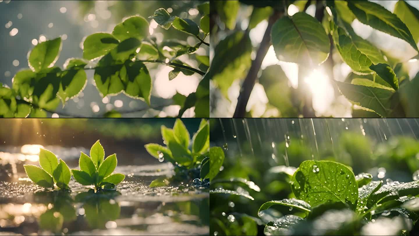 阳光绿叶 谷雨 水滴