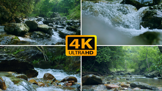 4k森林大自然山泉水溪流流水山水自然风景