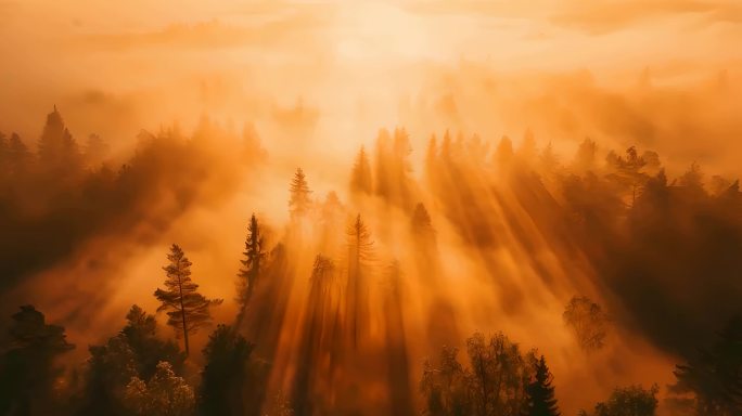 自然森林雾气弥漫阳光光束