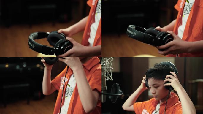小男孩在录音棚戴起耳机录制童声歌曲的场景