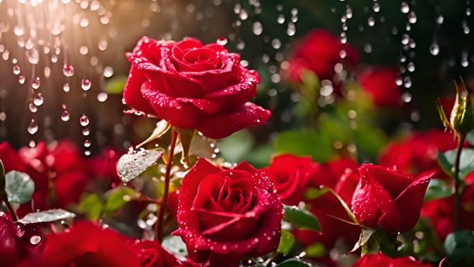 鲜艳红玫瑰花雨滴落下微距特写【合集】