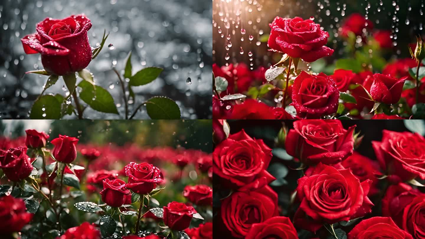鲜艳红玫瑰花雨滴落下微距特写【合集】