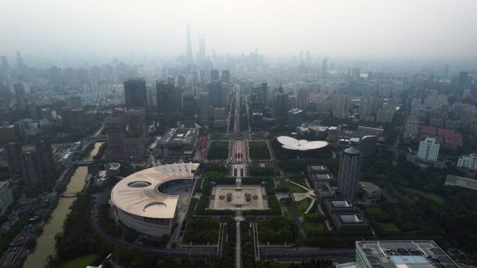 上海科技馆浦东世纪大道中轴线航拍长镜头