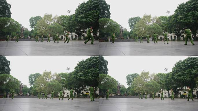 越南河内李太祖广场练拳的越南军人公安