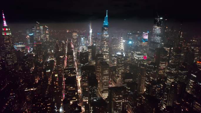 美国4K纽约曼哈顿中城夜晚市中心都市建筑