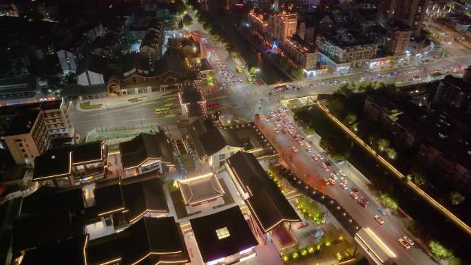 浙江绍兴越城区夜晚夜景街道街景航拍城市风