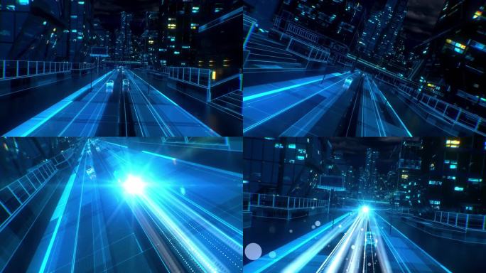 高科技城市穿梭粒子光线穿越城市