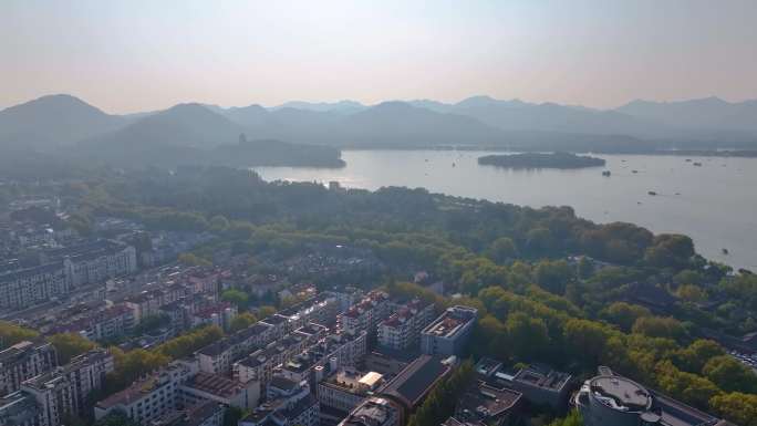 浙江杭州西湖景区环城西路城市风景航拍风光