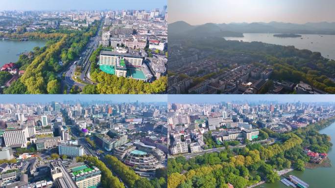 浙江杭州西湖景区环城西路城市风景航拍风光