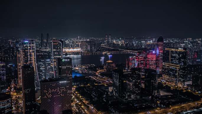 4K杭州钱江新城市民中心夜景航拍