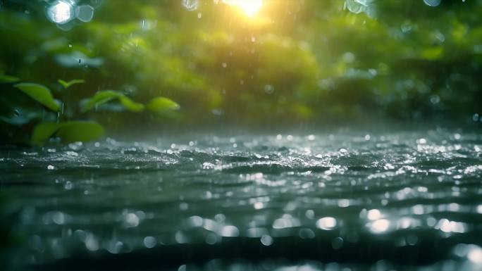 下雨天树叶子雨露露水雨滴唯美ai素材春天