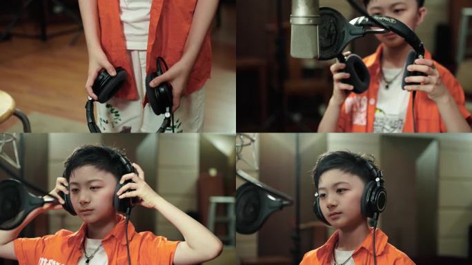 录音棚小朋友小男孩戴起耳机录制童声歌曲
