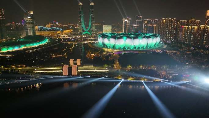 杭州奥体中心杭州之门灯光秀夜晚夜景航拍亚