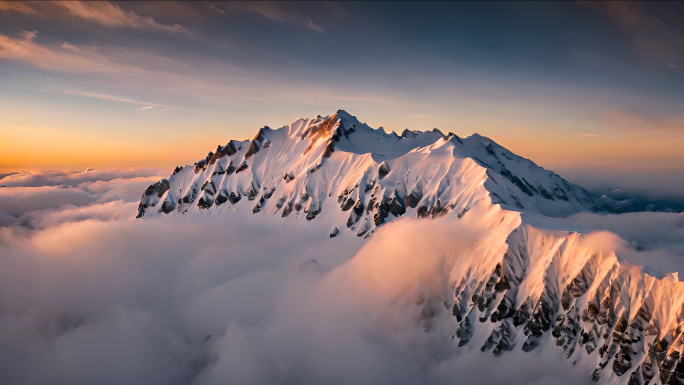 大气雪山雪峰云海夕阳自然风光