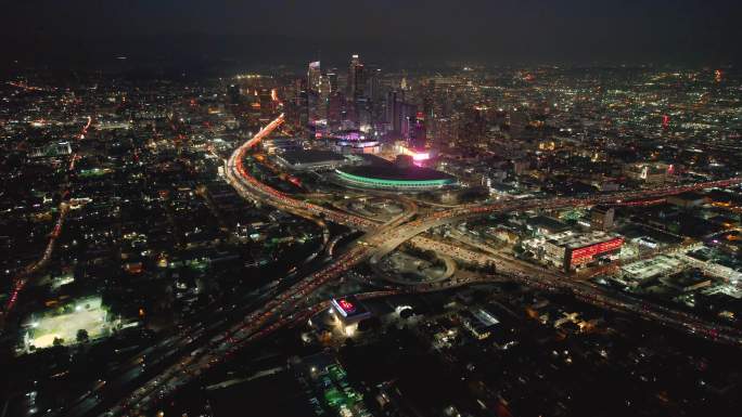 美国洛杉矶航拍夜晚夜景都市建筑群商业中心
