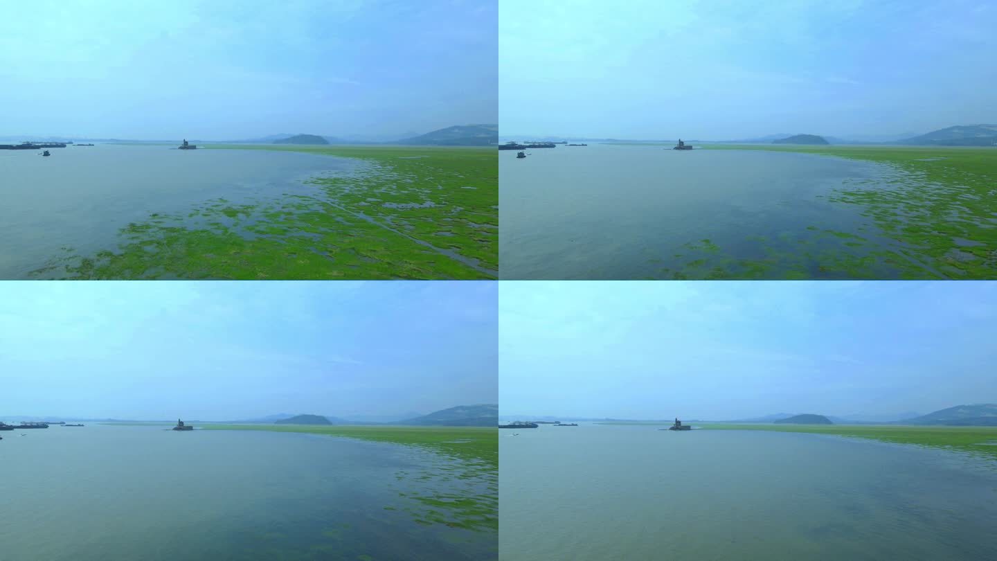 航拍江西九江矗立在鄱阳湖中的古建筑落星墩