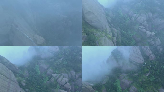 航拍雾中江西上饶弋阳龟峰景区丹霞地貌的山