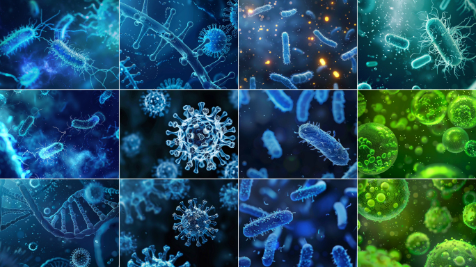 显微镜下的细菌细胞和病毒特写｜3D渲染