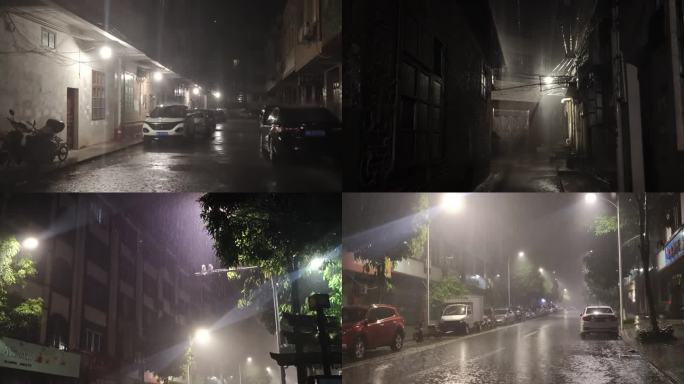 暴雨下雨凌晨城市楼房夜深夜下雨住宅楼下雨