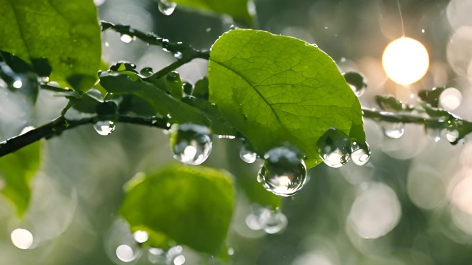 谷雨 阳光 水滴落在绿叶上