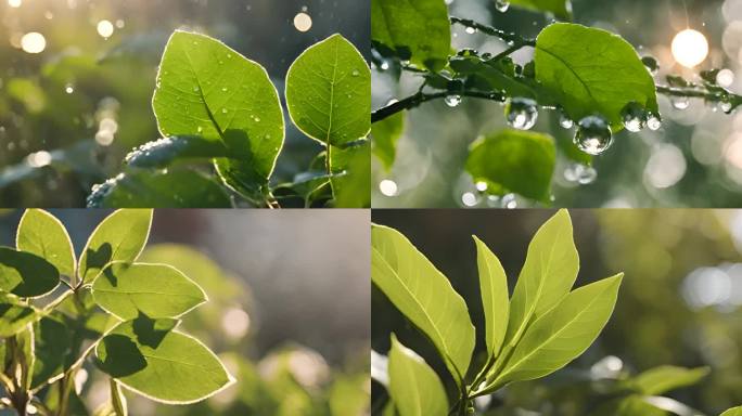 谷雨 阳光 水滴落在绿叶上