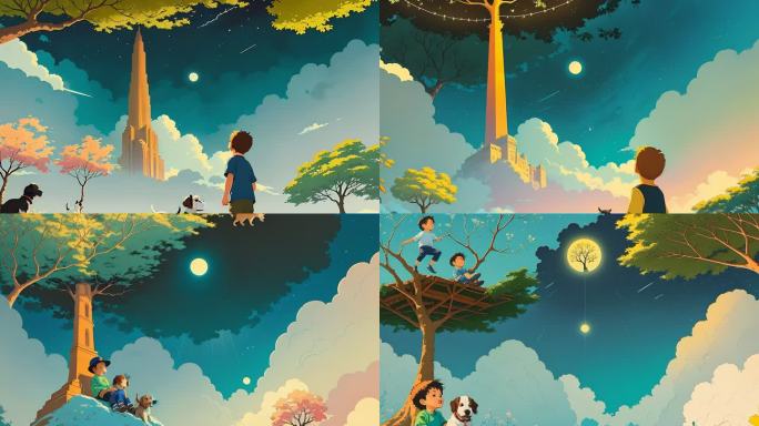 AI演绎小男孩和狗在大树下玩耍