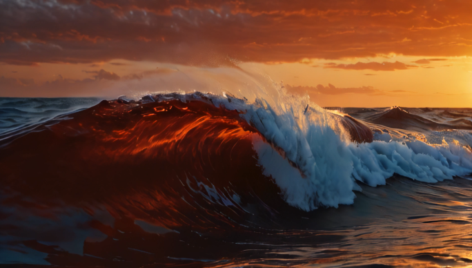 夕阳下红色海浪大合集