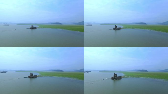 航拍江西九江矗立在鄱阳湖中的古建筑落星墩