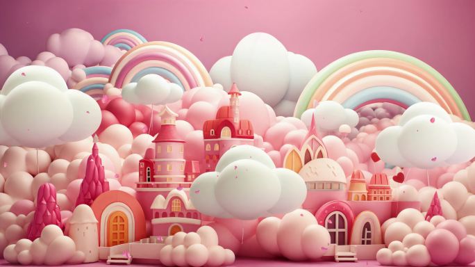 卡通可爱云朵彩虹房子动态背景
