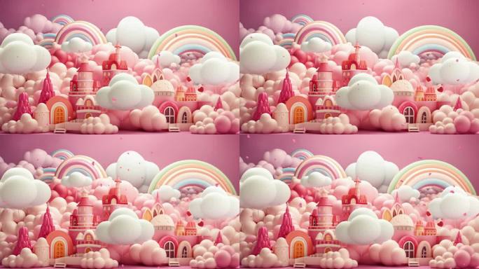 卡通可爱云朵彩虹房子动态背景