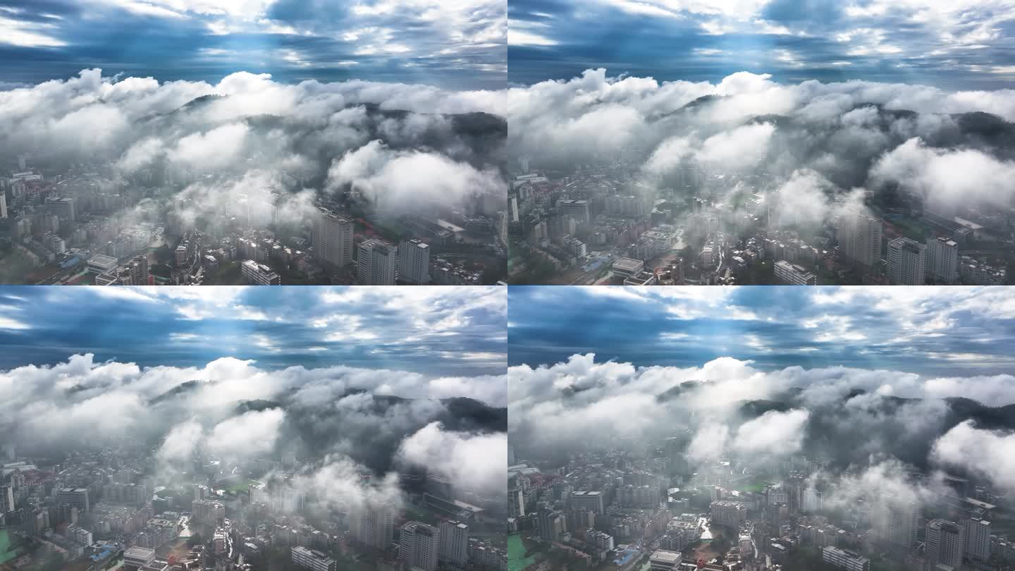 平流雾下的城市高楼大厦街道4K航拍