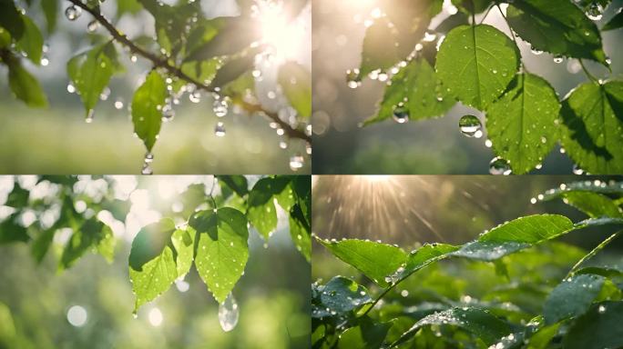 雨后落叶 唯美水滴滴落在叶片上