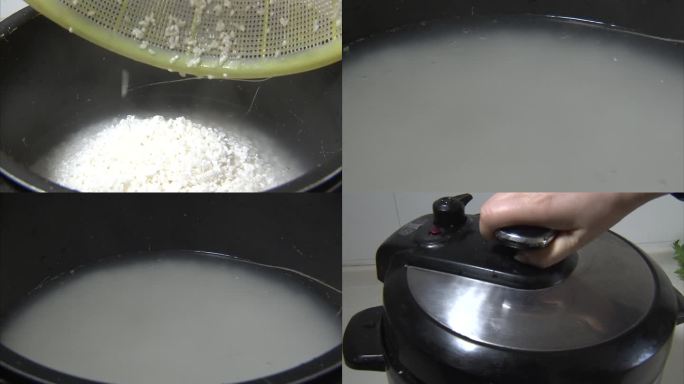 清净大米 到入高压锅内 加水 通电 煮饭