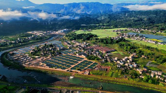 航拍荥经县五宪镇鲟鱼养殖基地