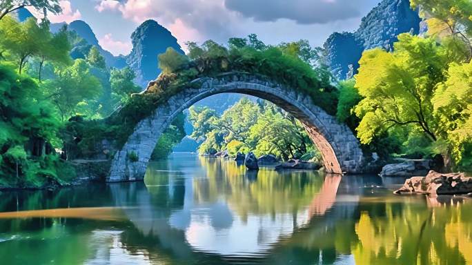桂林古石桥河水清澈倒影两岸风景如诗如画