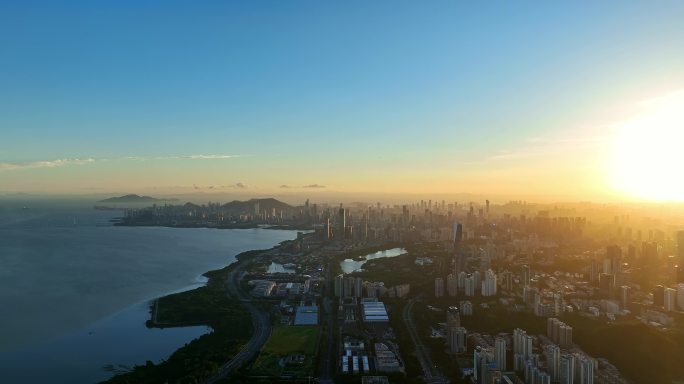 深圳湾夕阳黄昏日落航拍