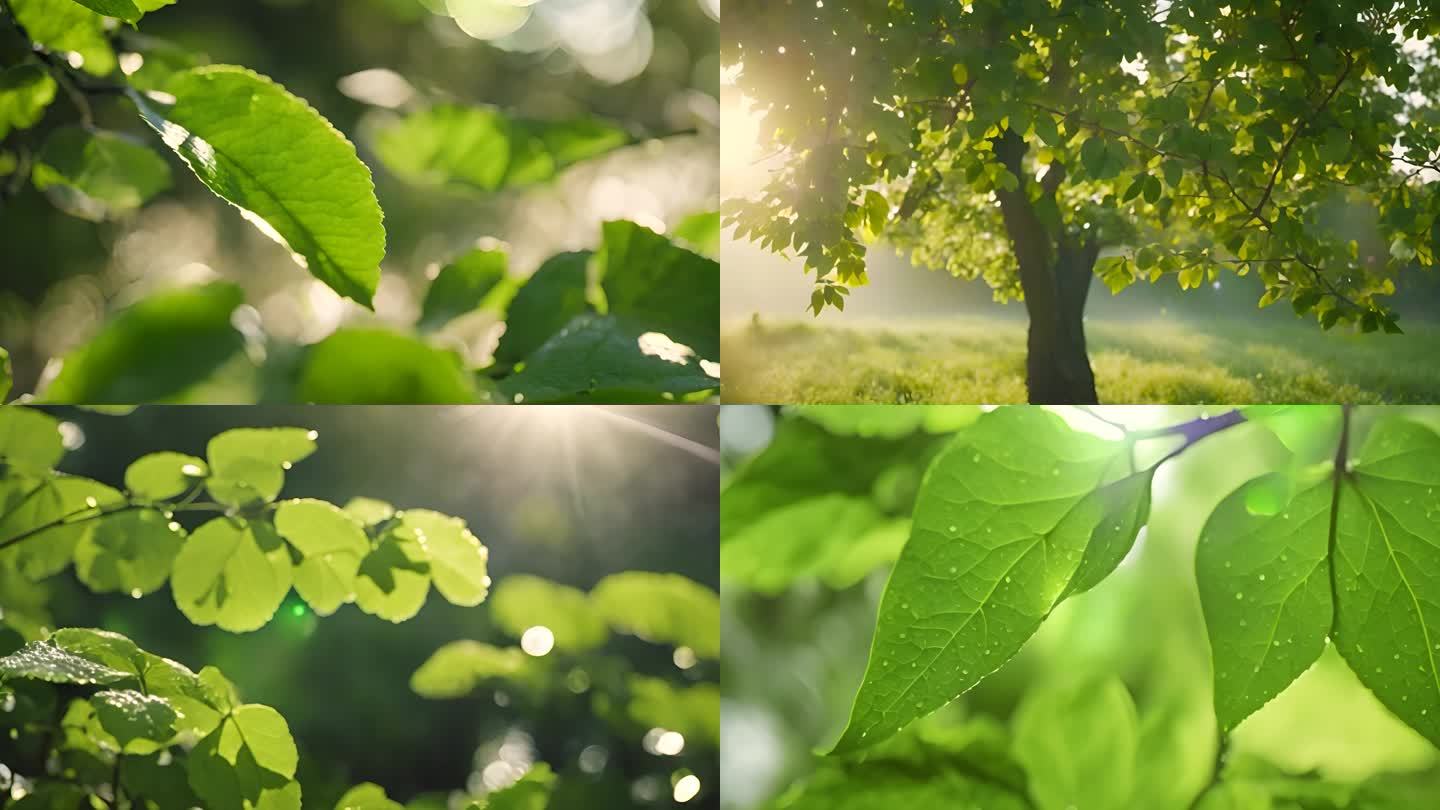 雨后森林 大树 叶片水滴