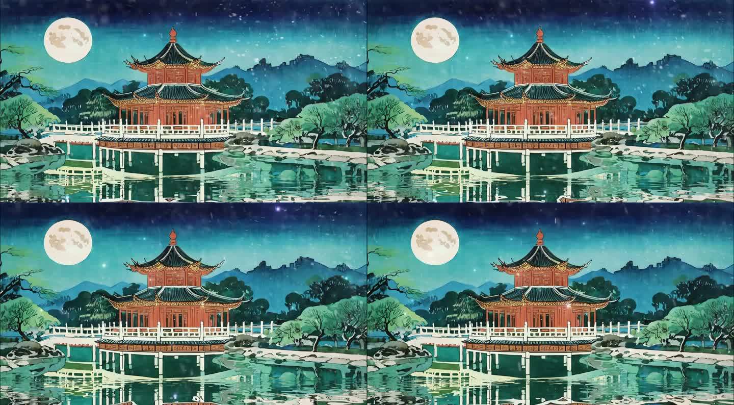 中式建筑圆月倒影视频卡通
