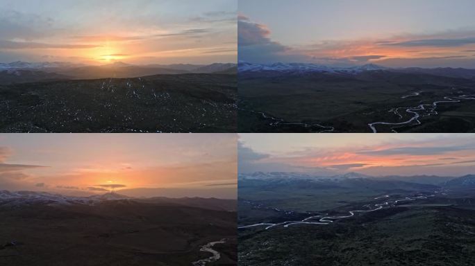 甘南碌曲草原雪山河流落日夕阳航拍