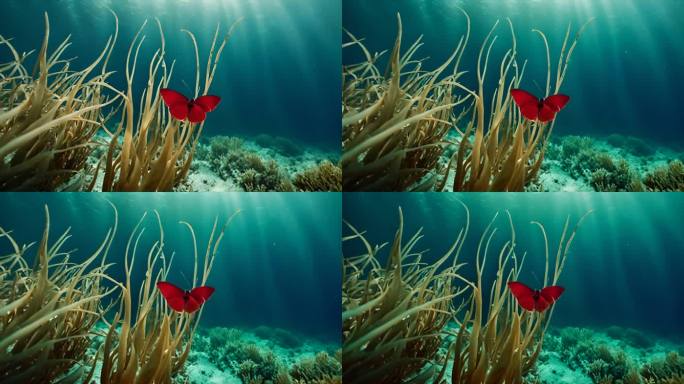 海底珊瑚中的红色蝴蝶