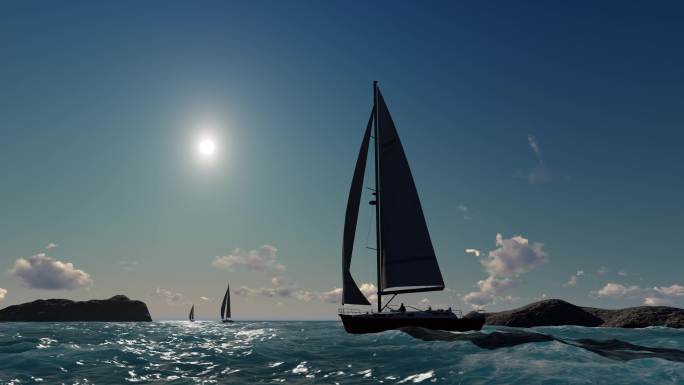 帆船海洋海浪航行海上船动画黄昏清晨