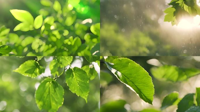阳光下的大自然 植物绿叶 水滴雨露