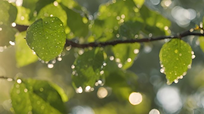 雨水滴落在绿叶上