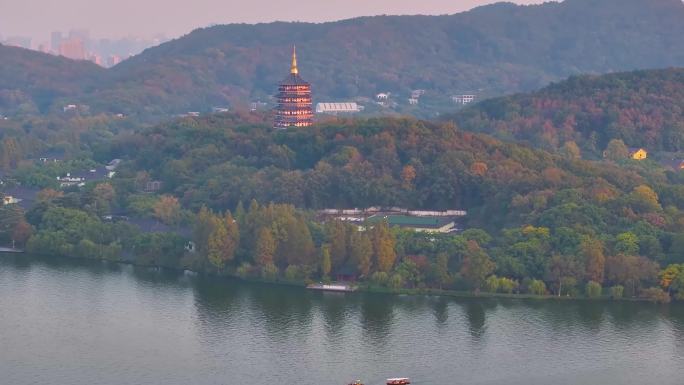 唯美杭州西湖雷峰塔景区大自然风光群山航拍