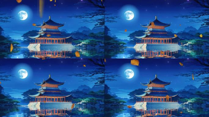 中式建筑圆月倒影视频卡通