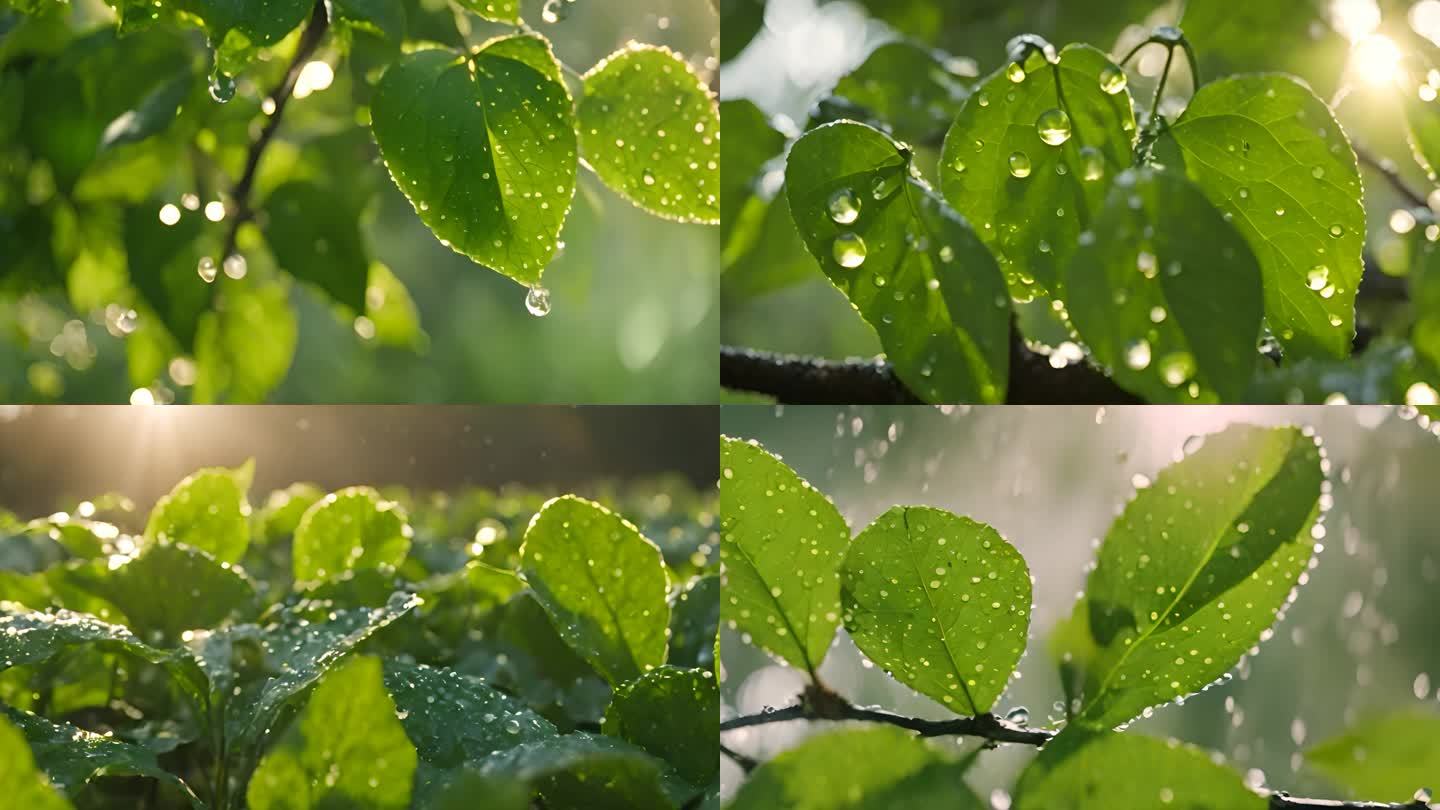 水滴滴落在绿叶叶片上