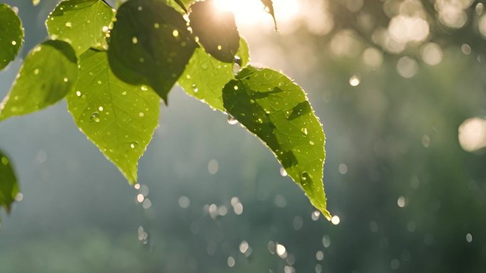 阳光下的雨露 绿叶