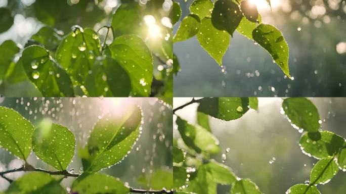 阳光下的雨露 绿叶