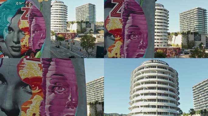 航拍洛杉矶好莱坞藤街壁画国会唱片大楼地标