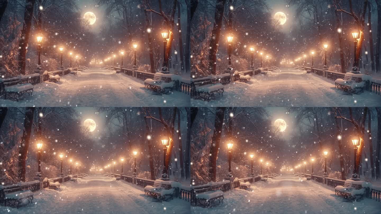 雪夜中的路灯
